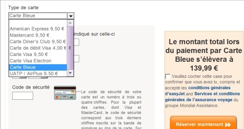 choix du type de carte sur le site d'Easyjet (Visa, Mastercard, Entropay)